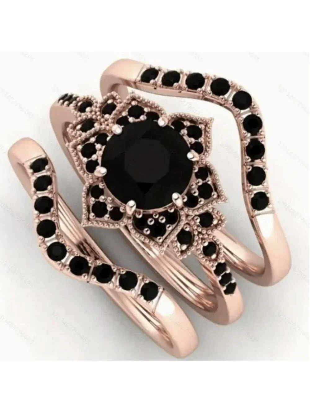 14k Rose Gold Plated Stacked Black Diamond Flower Rings Set Sizes 5,7,9,10,11